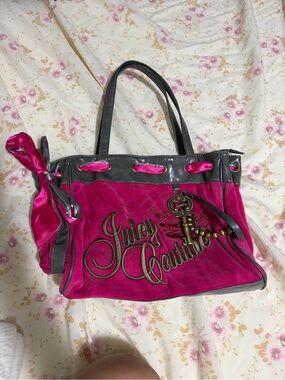 Juicy Couture Hot Pink Velvet Tote with Gray Trim and Charm